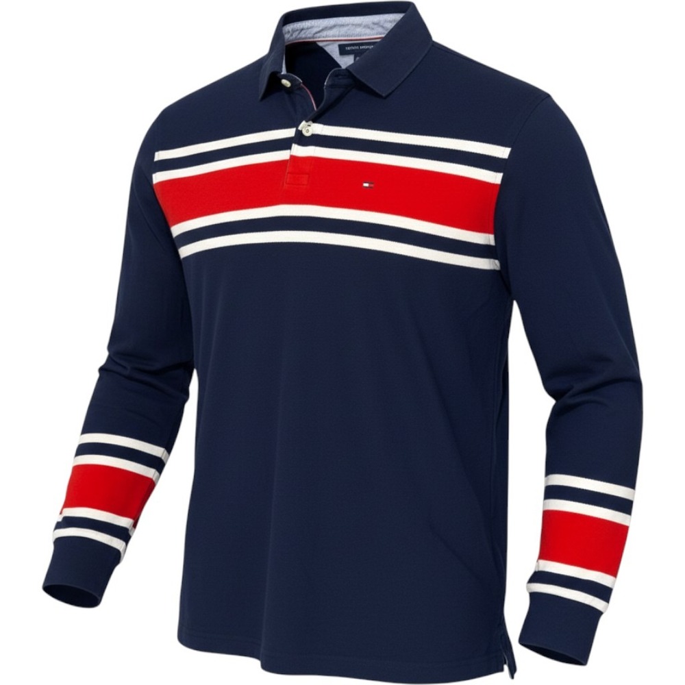 Tommy Hilfiger Polo Shirt Mens XL Navy Red White Cotton Long Sleeve Classic Fit